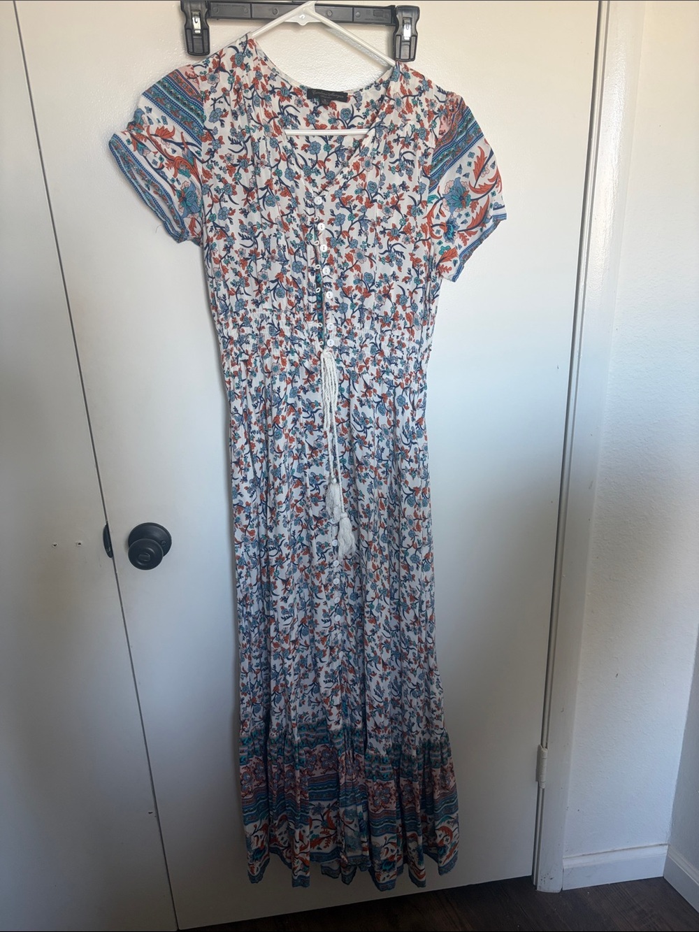 Women's Floral Maxi Dress with Tassel Tie - Blue & Rust Print